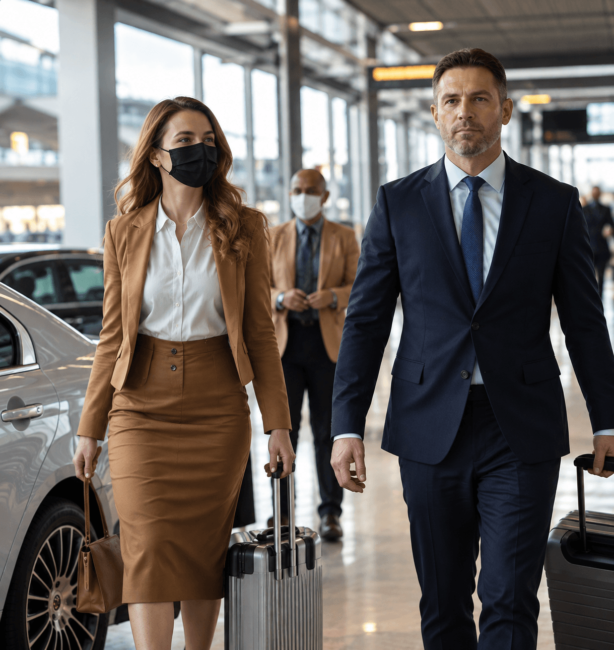 Passagiers met bagage in gesprek met een privéchauffeur op Amsterdam Airport Schiphol